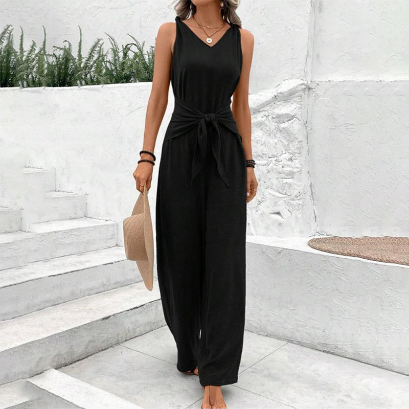 Women's Solid Waist Tie Jumpsuit