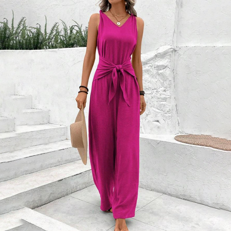 Women's Solid Waist Tie Jumpsuit
