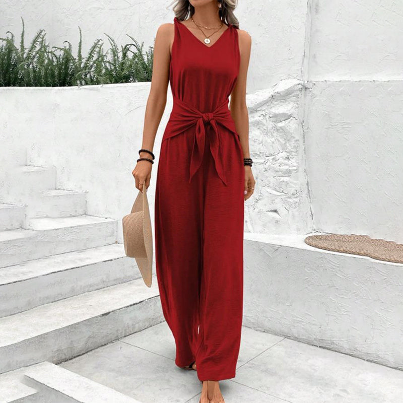 Women's Solid Waist Tie Jumpsuit