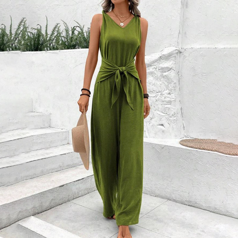 Women's Solid Waist Tie Jumpsuit