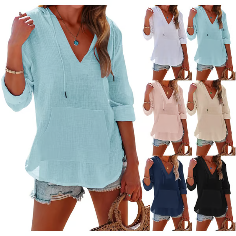 🌞Summer Sale 50% OFF🔥Women's Solid V-Neck Long Sleeve Hooded Top with Pocket
