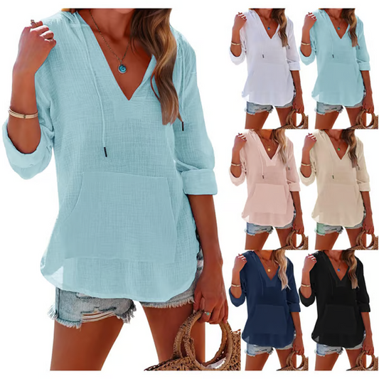 🌞Summer Sale 50% OFF🔥Women's Solid V-Neck Long Sleeve Hooded Top with Pocket