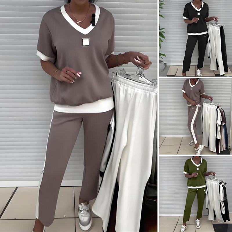 Women's Casual V-Neck Top and Pants Set