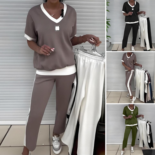 Women's Casual V-Neck Top and Pants Set