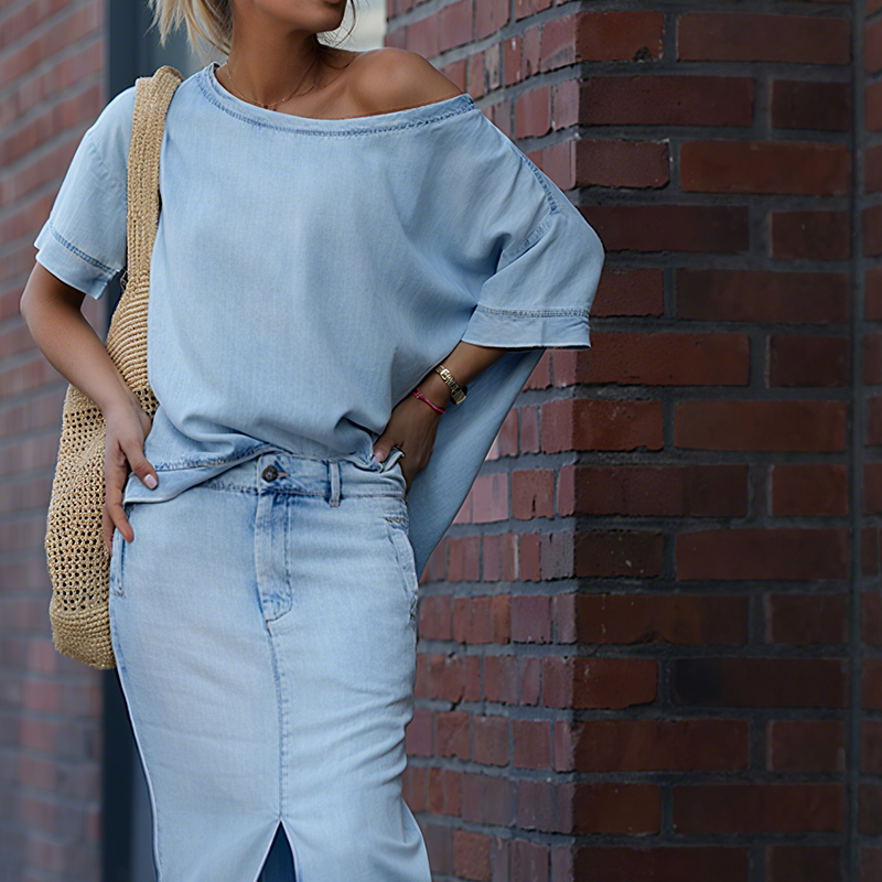 Women's Diagonal Shoulder Top with Split Denim Long Skirt