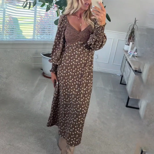 Brown V-Neck Floral Print Dress with Puff Sleeves