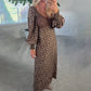 Brown V-Neck Floral Print Dress with Puff Sleeves