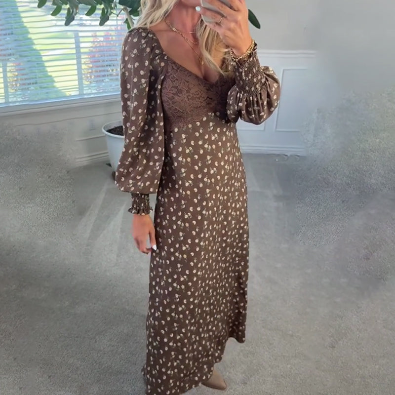 Brown V-Neck Floral Print Dress with Puff Sleeves