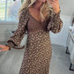 Brown V-Neck Floral Print Dress with Puff Sleeves