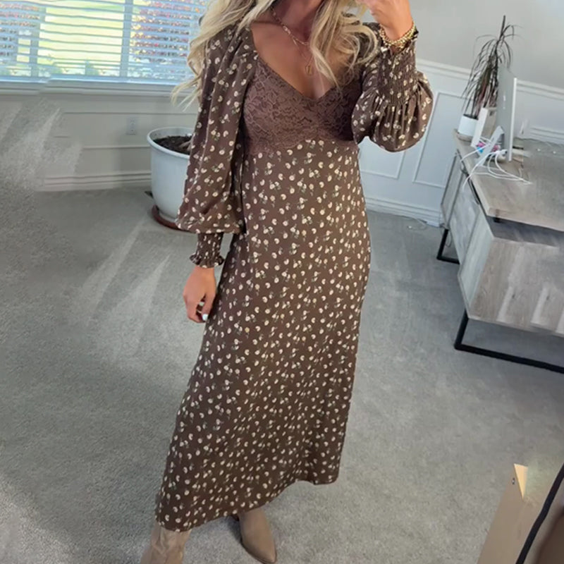 Brown V-Neck Floral Print Dress with Puff Sleeves