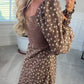 Brown V-Neck Floral Print Dress with Puff Sleeves