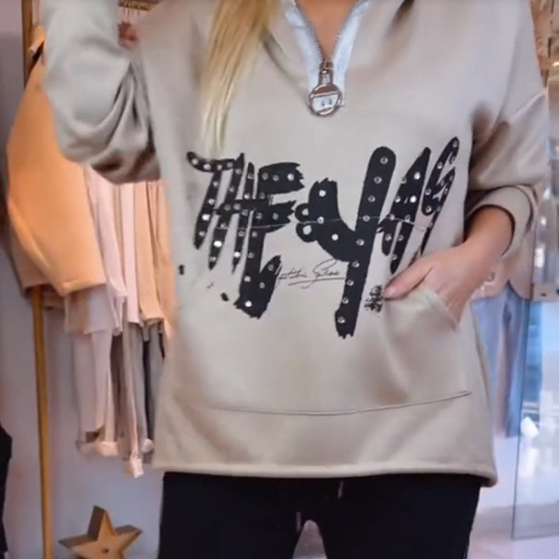 Zipper Neck Hoodie with Letter Print