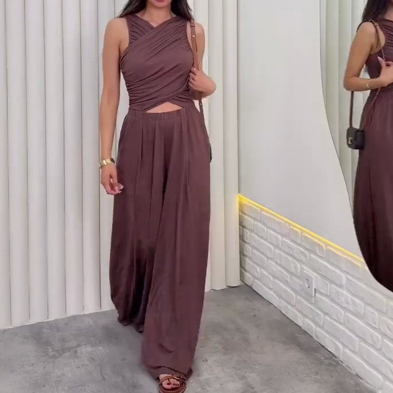Women's Wrap Crop Top & Wide-Leg Pants Set