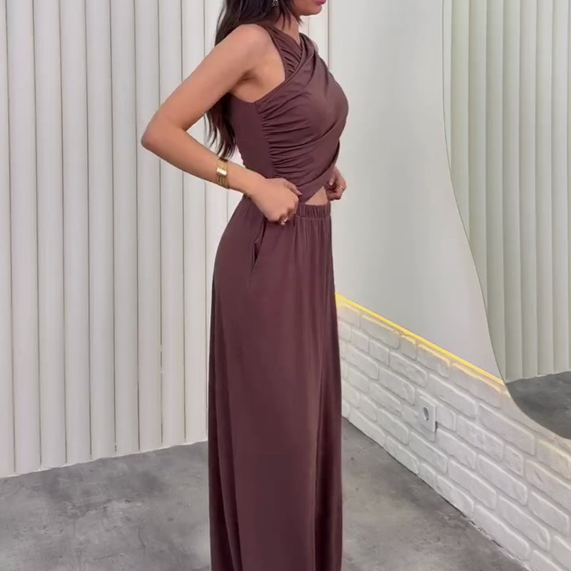 Women's Wrap Crop Top & Wide-Leg Pants Set