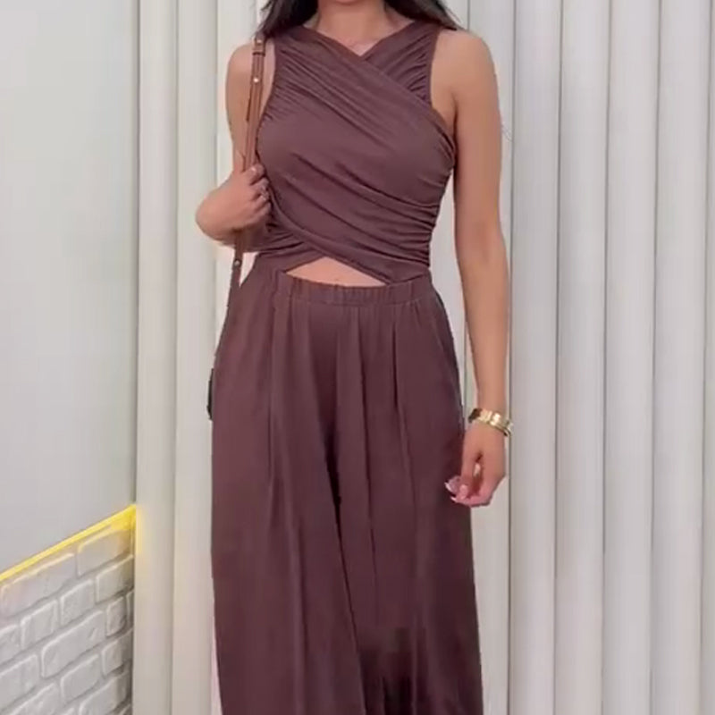 Women's Wrap Crop Top & Wide-Leg Pants Set