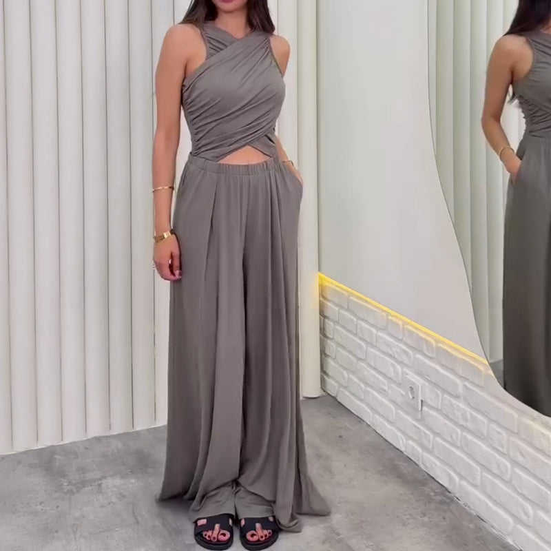 Women's Wrap Crop Top & Wide-Leg Pants Set