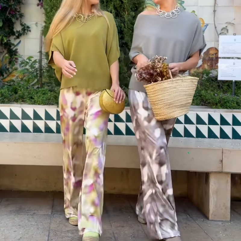 Women’s Solid Tops ＆ Printed Wide-Leg Pants 2-Piece Set