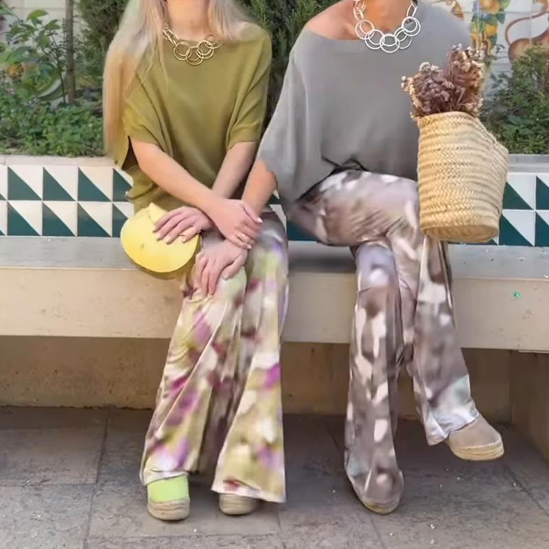 Women’s Solid Tops ＆ Printed Wide-Leg Pants 2-Piece Set