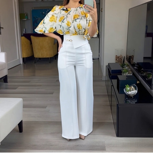 Round Neck Top & Wide Leg Pants Set