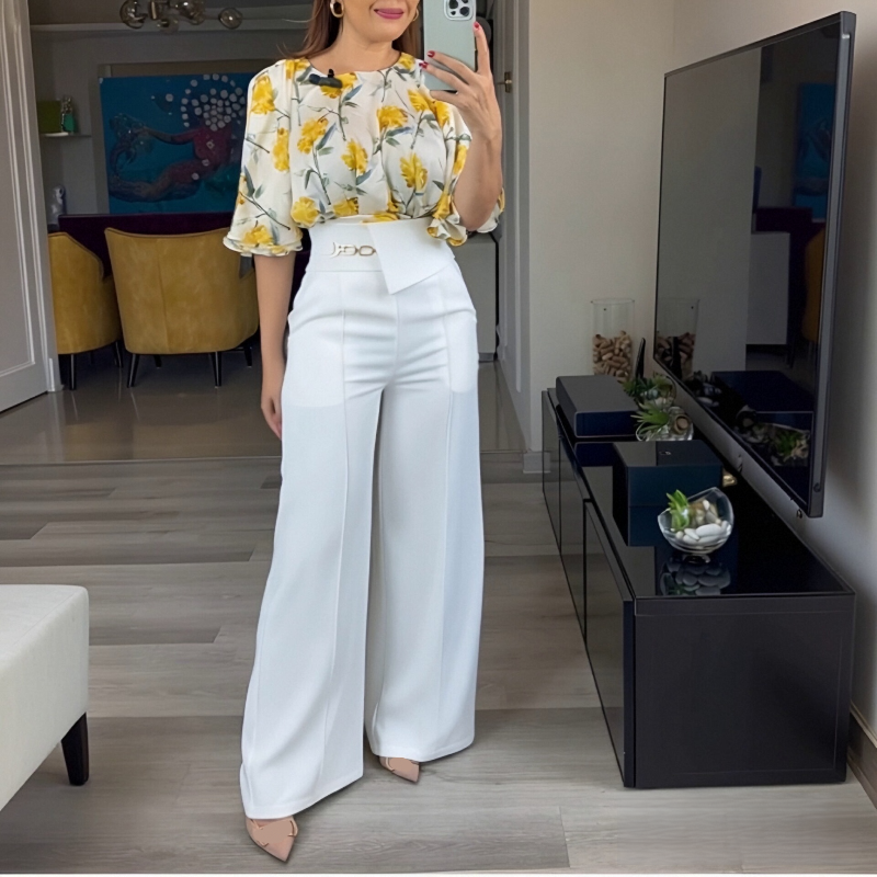 Round Neck Top & Wide Leg Pants Set