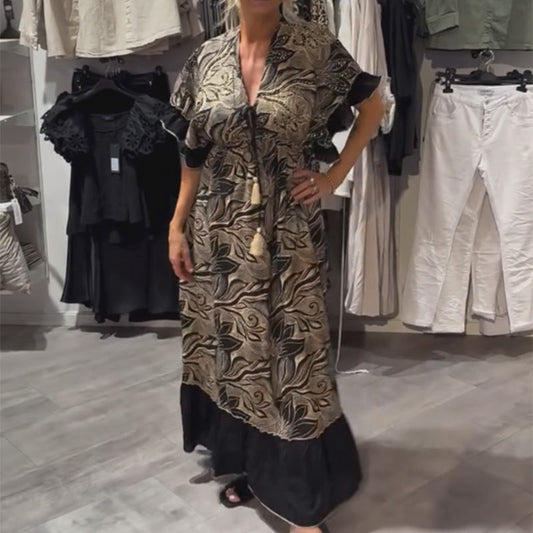 V-Neck Printed Ruffle Maxi Dress