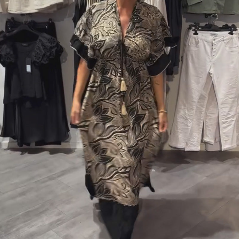 V-Neck Printed Ruffle Maxi Dress