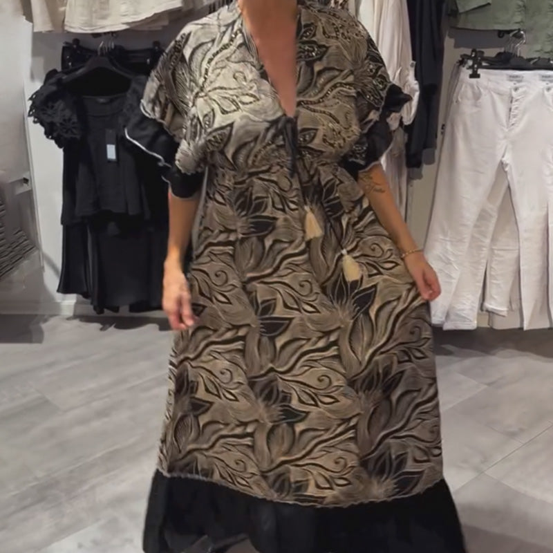 V-Neck Printed Ruffle Maxi Dress