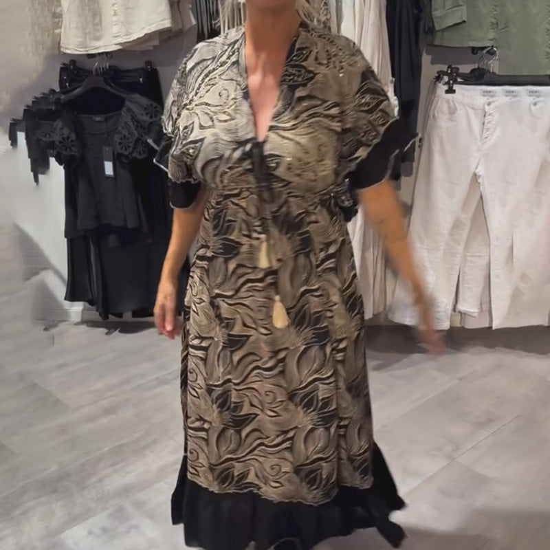 V-Neck Printed Ruffle Maxi Dress