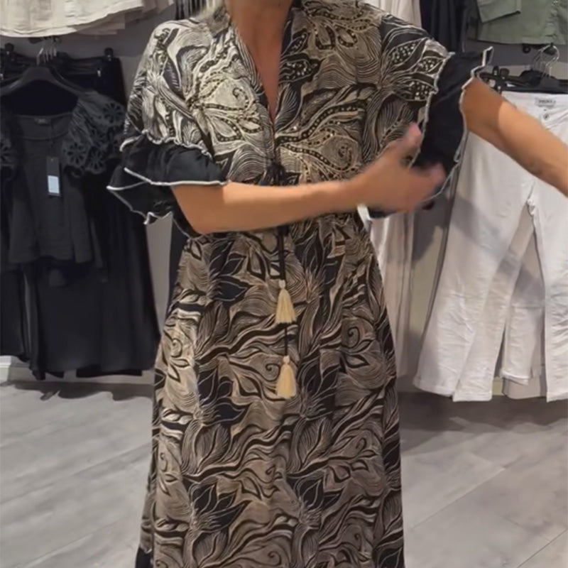 V-Neck Printed Ruffle Maxi Dress