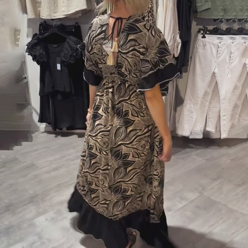 V-Neck Printed Ruffle Maxi Dress