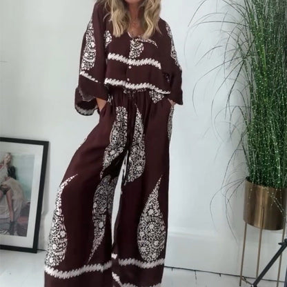Women’s Loose Fit Top & Wide Leg Pants Ethnic Print Set