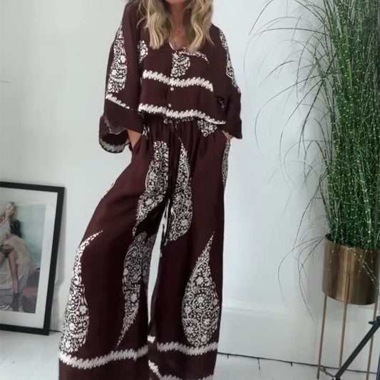 Women’s Loose Fit Top & Wide Leg Pants Ethnic Print Set