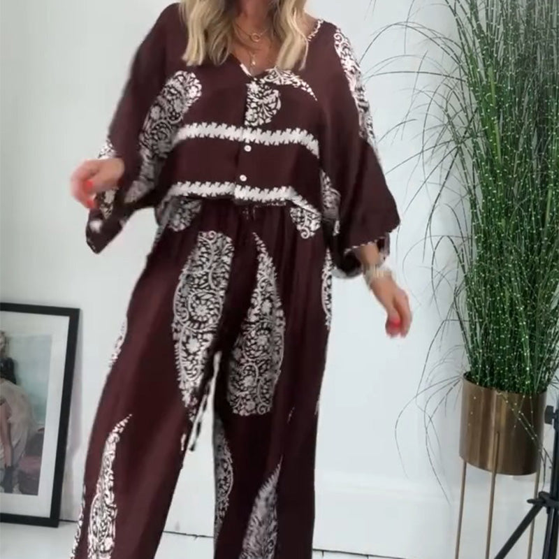 Women’s Loose Fit Top & Wide Leg Pants Ethnic Print Set