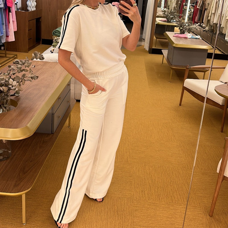Side Stripes Top Wide Leg Pants 2-Piece Set