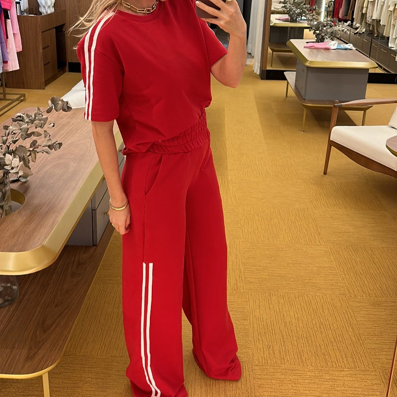 Side Stripes Top Wide Leg Pants 2-Piece Set