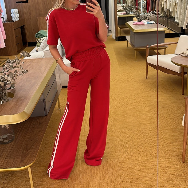 Side Stripes Top Wide Leg Pants 2-Piece Set