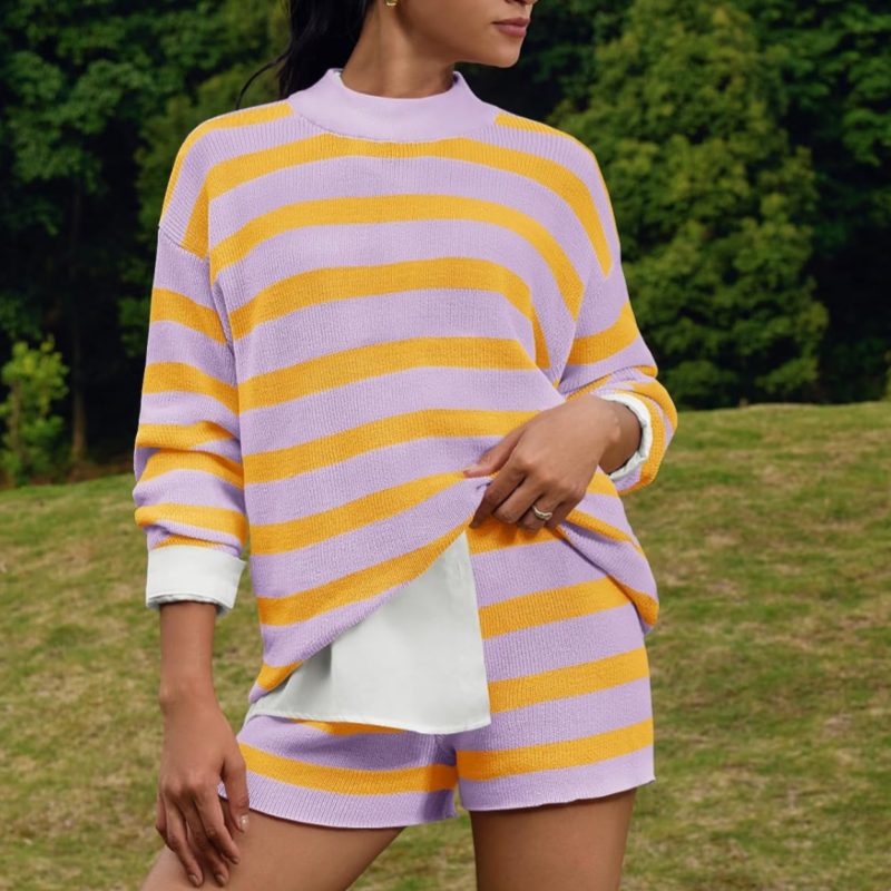 Casual Striped Long-Sleeve Top & Pants Set