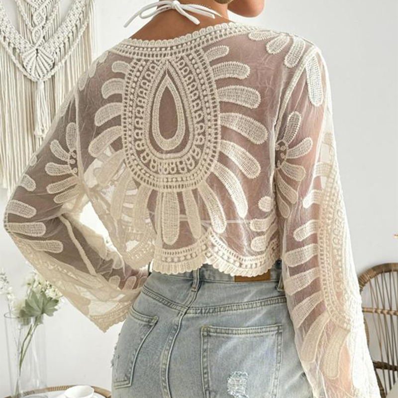 🌺 Women's Floral Embroidered Semi-Sheer Cover Up 🌊 | Cute Long Sleeve Round Neck | Perfect for Beach Vacations & Outdoor Fun! ☀️