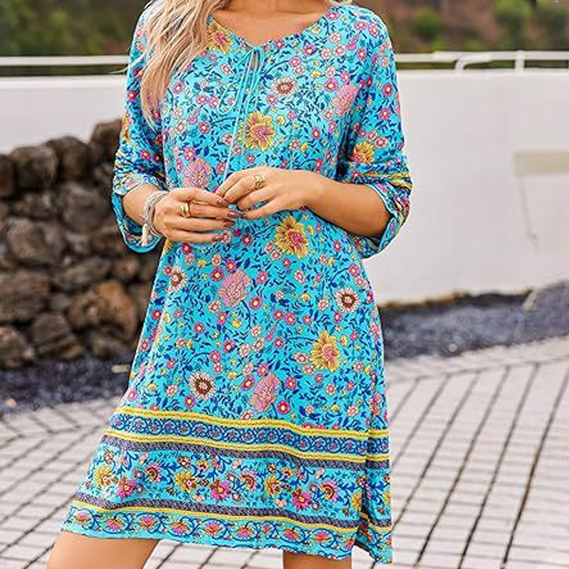 Boho Floral Print Dress - Tassel Tie Neck & 3/4 Long Sleeve