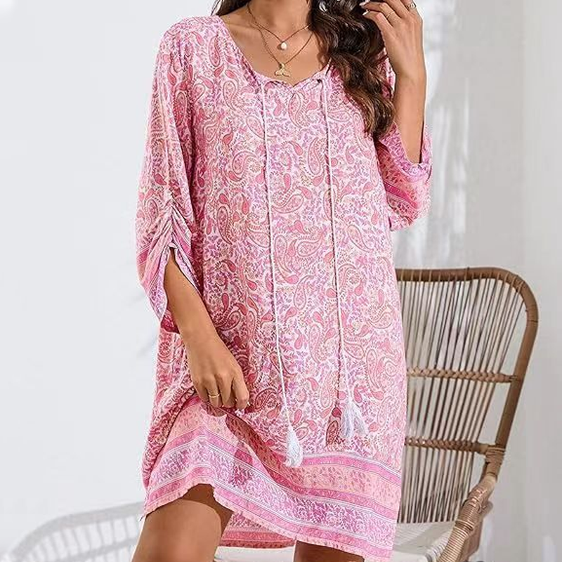 Boho Floral Print Dress - Tassel Tie Neck & 3/4 Long Sleeve