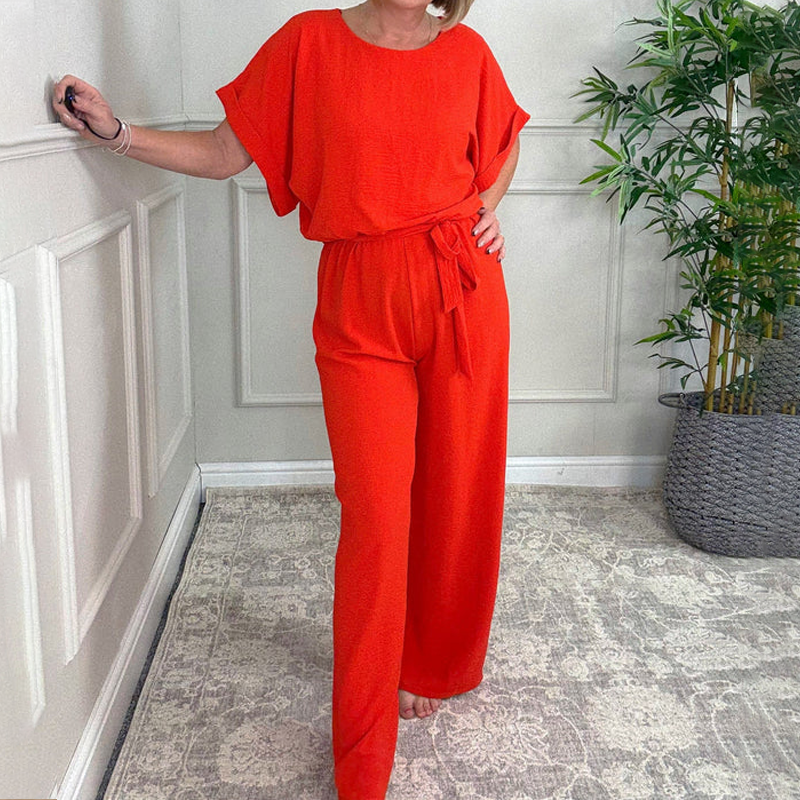 Womens Loose Short Sleeve Belted Wide Leg Pant Romper