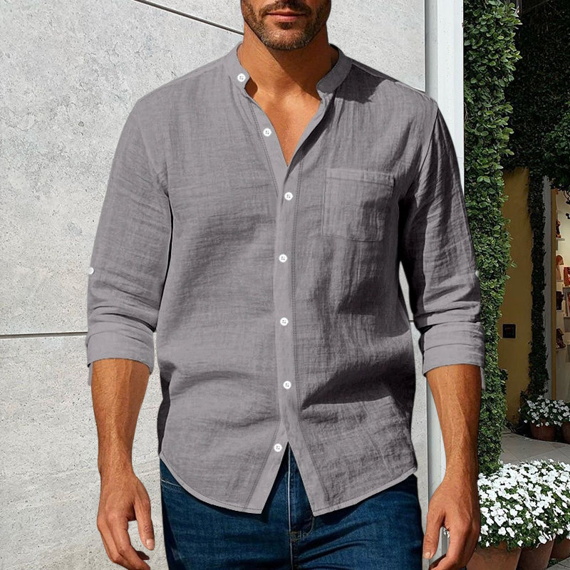 Men's Linen Long Sleeve Stand Collar Shirt