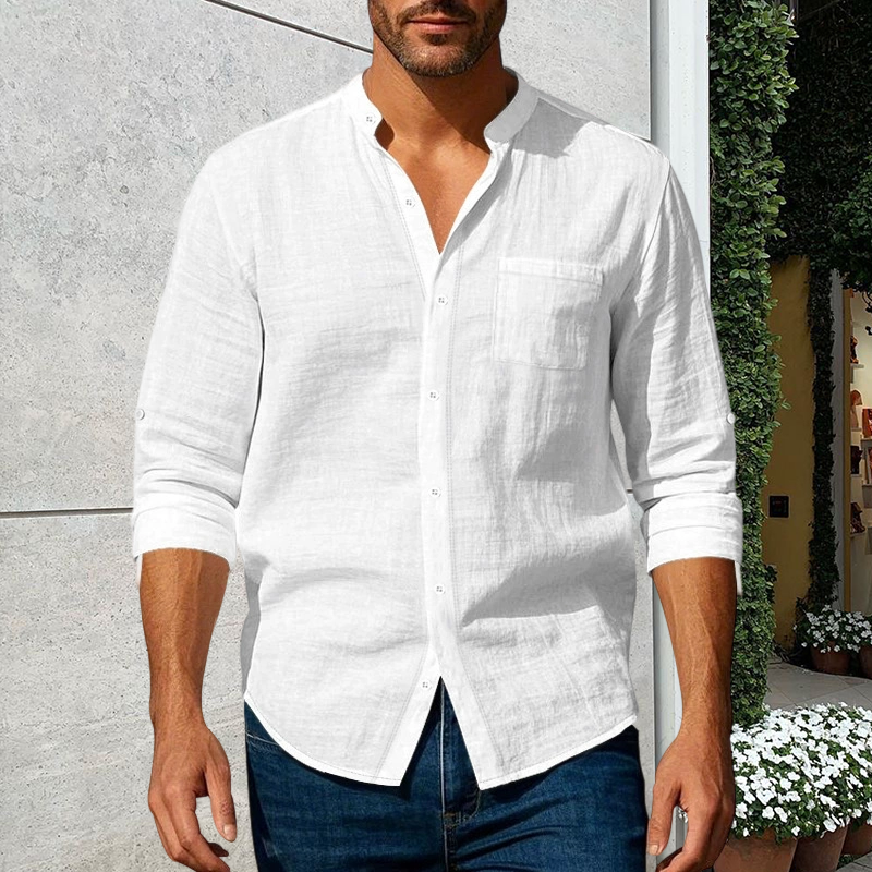 Men's Linen Long Sleeve Stand Collar Shirt