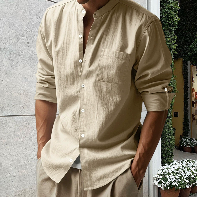 Men's Linen Long Sleeve Stand Collar Shirt