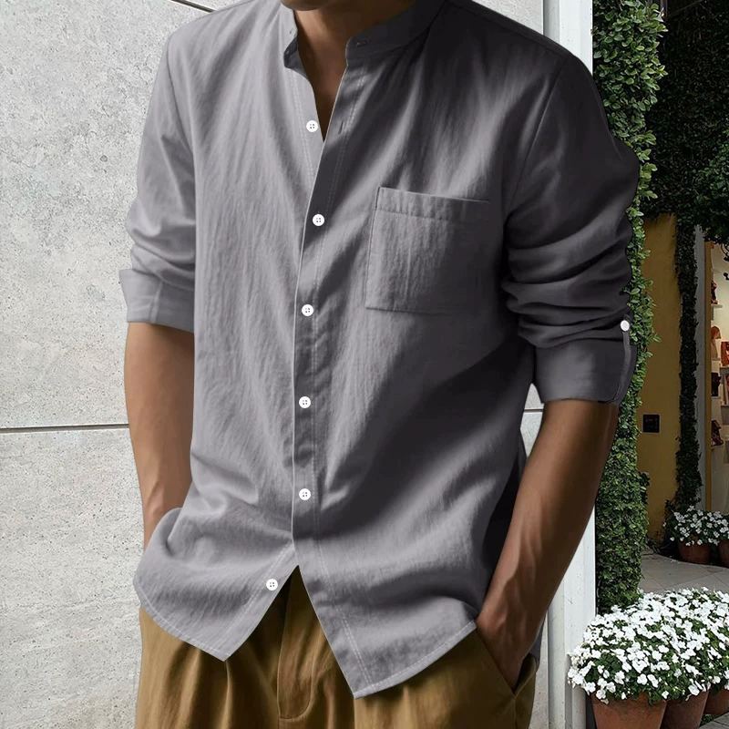 Men's Linen Long Sleeve Stand Collar Shirt