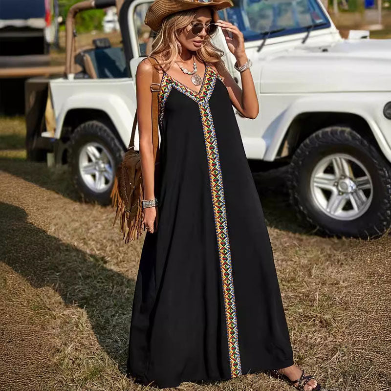 Women's Bohemian V-Neck Casual Spaghetti Straps Dress
