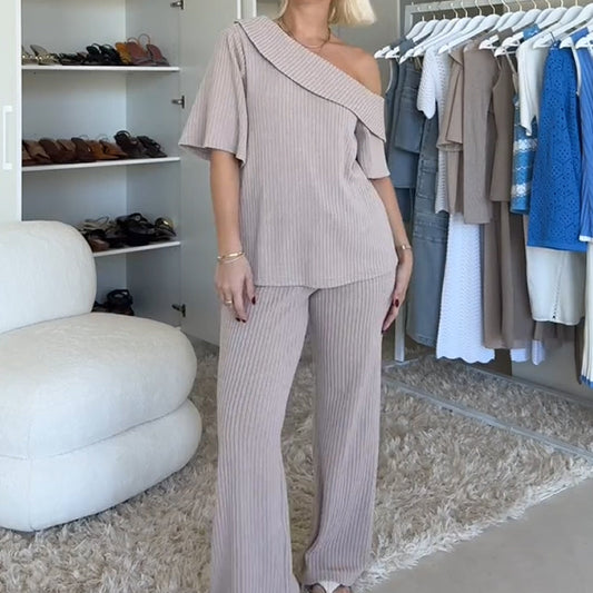 Ribbed Knit Off-Shoulder Top & Wide-Leg Pants Set