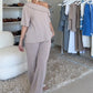 Ribbed Knit Off-Shoulder Top & Wide-Leg Pants Set