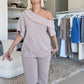 Ribbed Knit Off-Shoulder Top & Wide-Leg Pants Set
