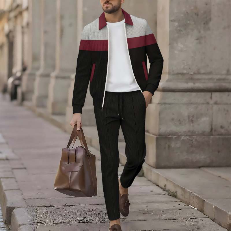 Trendy Men's Two-Piece Set - Color-Block Jacket & Pants